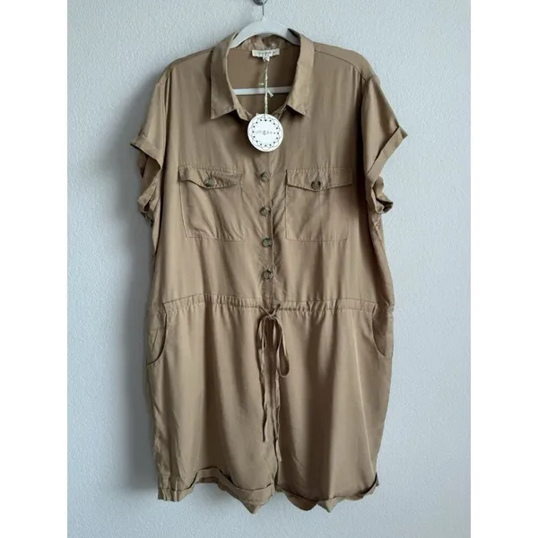 Umgee Women's‎ Taupe Button Drawstring Waist Cuffed Hem Romper Plus Size XL NEW - Image 9