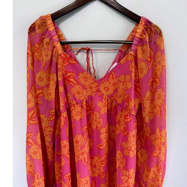 Big Water Blue Sky Pink Floral Chiffon Long Balloon Sleeve Mini Dress Sz M - Image 3