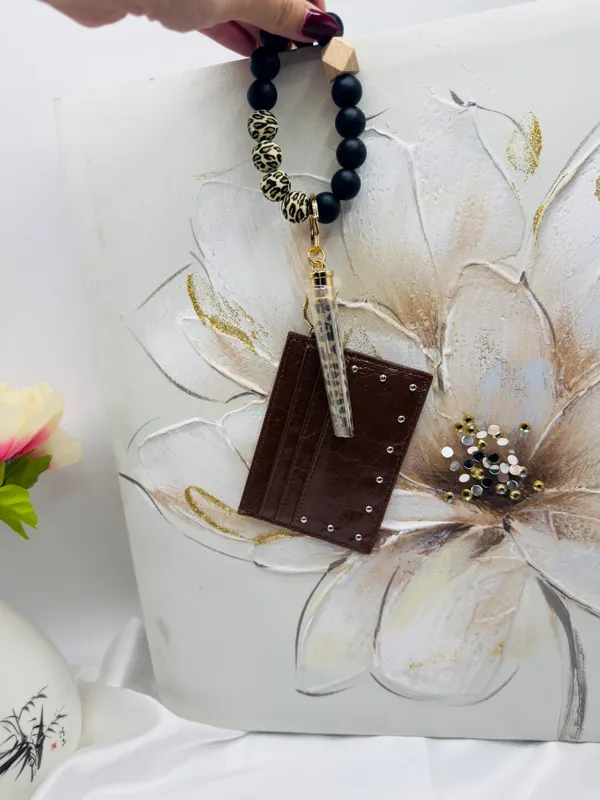 Brown Card Holder Wallet Beaded Leopard Wristlet Keychain - Image 3