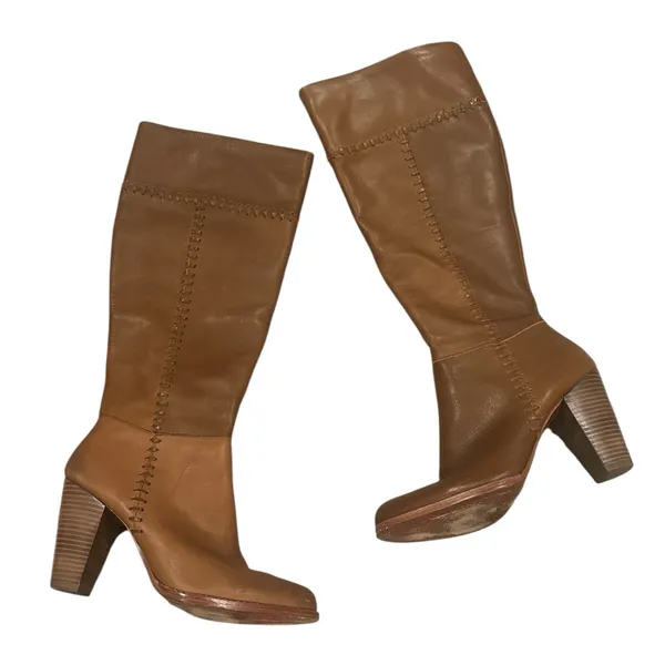 Joie “journey" style tall riding heeled brown whipstitched patchwork boot 8.5 - Image 3