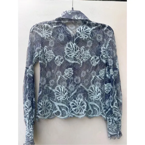 Alexis Floral Lace Blouson Sleeve Sheer Button Front Silk Blouse Romantic XS - Image 3