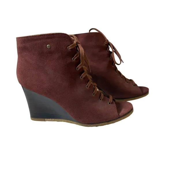 Ugg Elyse Lace Up Wedge Ankle Booties Size 10 Red Suede Peep Toe Festival‎ Boho - Image 3