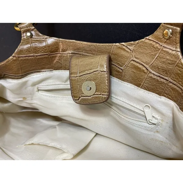 Avon 2006 Faux Bamboo Handle Canvas Satchel Handbag Beige Croc Embossed Purse - Image 16