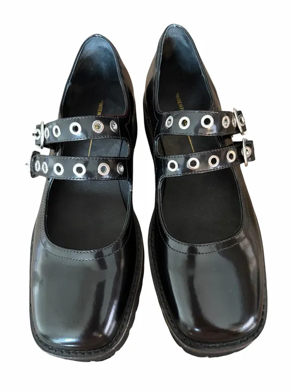 Intentionally Blank Black Patent Leather Studded Double-Strap Mary Jane Shoe 9 - Image 4