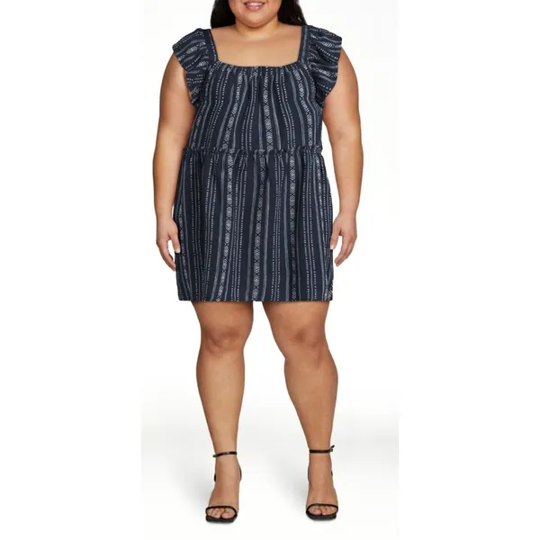 Time and Tru Womens Dress Dark Navy Stripe Size XL Square Neck Mini Linen - Image 2