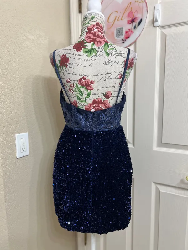 Navy Lace & Sequin Mini Dress with Spaghetti Straps size 12 - Image 4