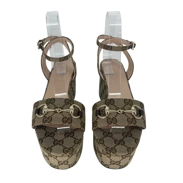 Gucci Lady Horsebit GG Supreme Canvas Platform Sandals Beige 37.5 Box Dust Bags - Image 10