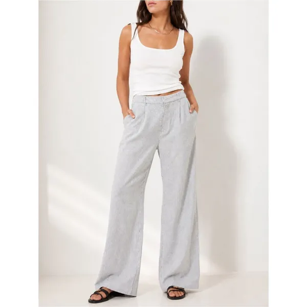 NWT Old Navy Linen Wide Leg Trouser Pants Gray Ivory Stripe High Rise Size Large - Image 12