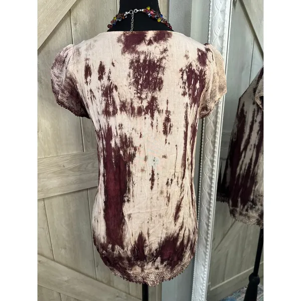 Lapogee Burgundy Tie Dye Embroidered Lace Trim Boho Top Free Size - Image 5
