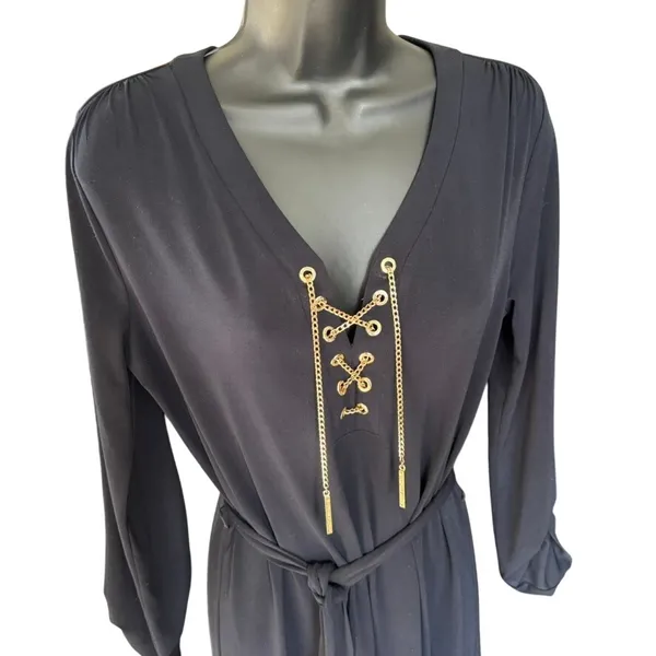 Michael Kors Belted‎ Mini Dress with Gold Chain Sz S Navy Blue - Image 2