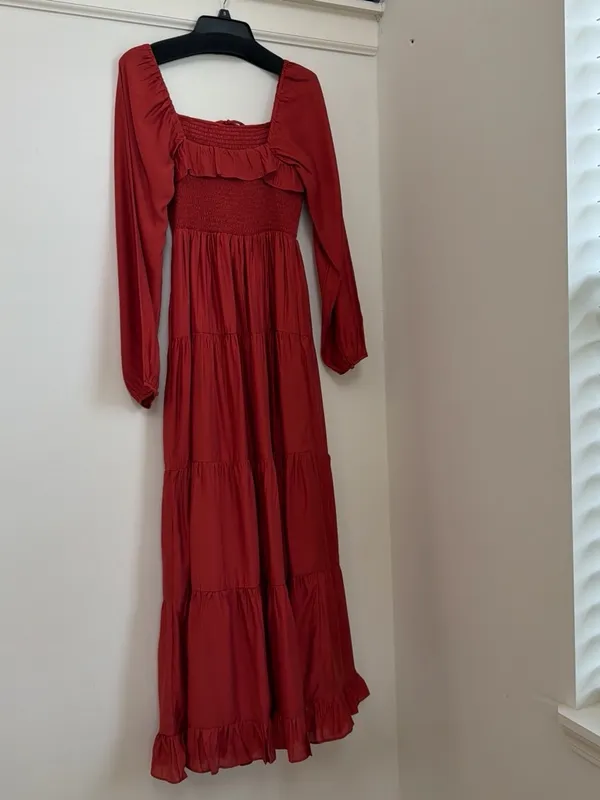 in february Rust Smocked Tiered Ruffle Maxi Dress Square Neck Size S NWT - Image 5