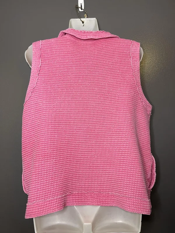 Focus Vest Womens Large Pink Cotton Knit Button Front Pockets Ruffle Collared - Image 5