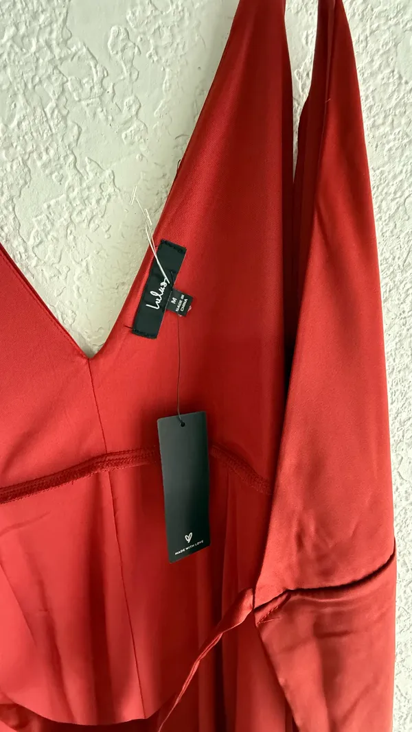 Lulus Poised Sophistication Rust Red Satin Wrap Maxi Dress - NWT - Size M - 63" Length - Image 16