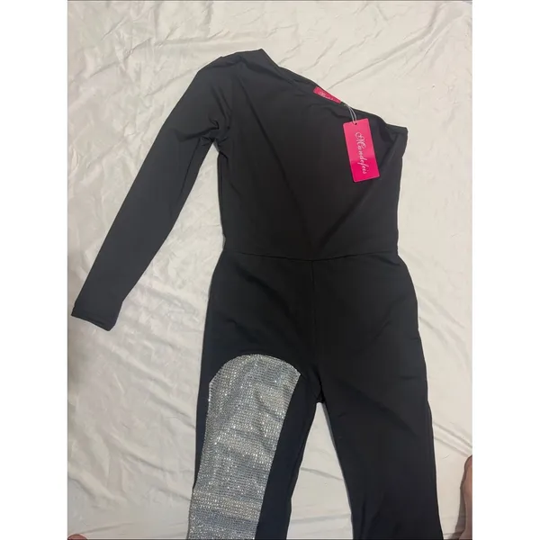 NWT Mundefeis Black One Shoulder Rhinestone Jumpsuit Flare Leg Party Romper S - Image 4