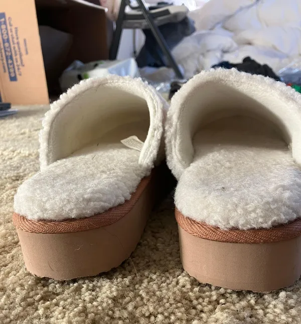 White Tan Womens Teddy Fleece Platform Clog Slippers - Image 3