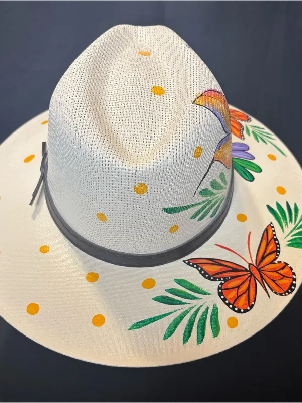 Hand-Painted Ivory Wide-Brim Hat with Orange Butterfly & Multicolor Hummingbird - Image 3