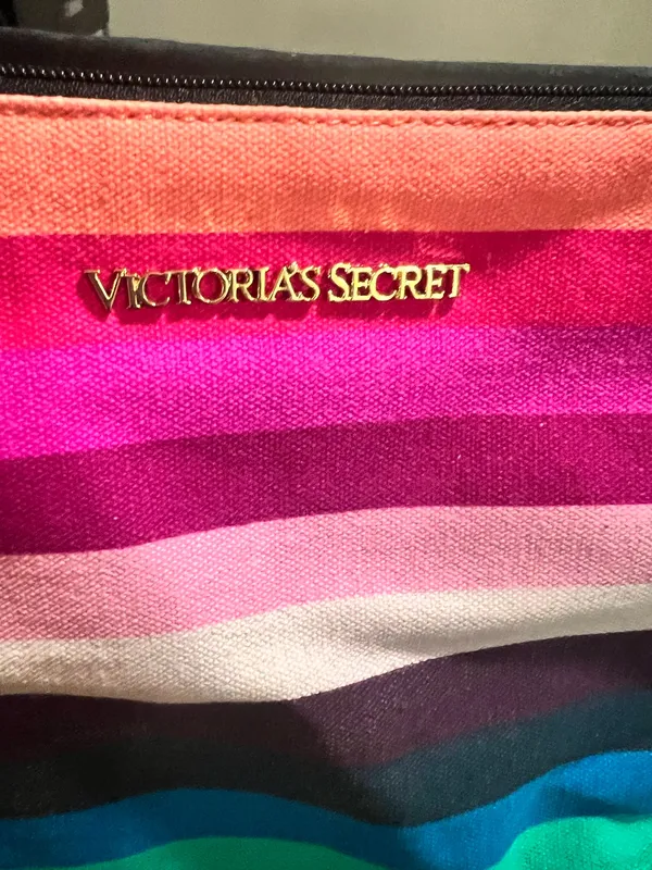 Womens large Victoria's Secret Rainbow Striped Canvas Makeup Cosmetic Bag - Image 3