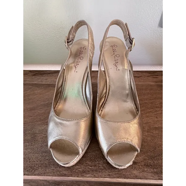 Lilly Pulitzer Gold‎ Metallic Leather Wedge Peep Toe Slingback Sandals *READ - Image 2