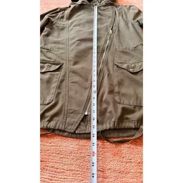 Topshop Khaki Hooded Utility Jacket Asymmetrical Zip Cotton Size US 4 - Image 3
