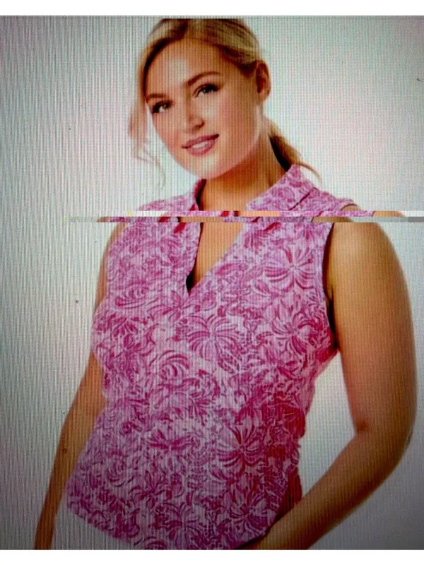Lilly Pulitzer Luxletic Imara Sleeveless Golf Polo Top Pink Blossom Foxy Llama L - Image 2