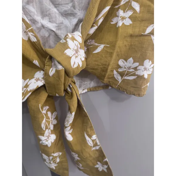 Billabong Mustard Yellow Floral Cold Shoulder Tie‎ Front Crop Top Large Womens - Image 3
