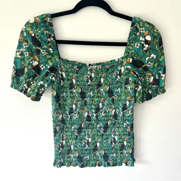 Anthropologie Dolan Left Coast Smocked Puff Sleeve Green Toucan Print Top Floral - Image 2