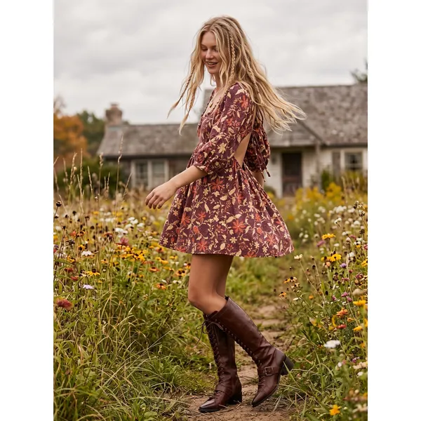 Free People Western Bohemian Dainty Lola Mini Dress Mocha Combo Large Floral NWT - Image 13