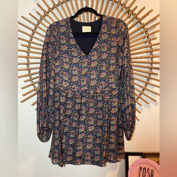 Sézane Penelope Silk Floral Mini Dress in Ochre V-Neck LS Cottagecore French XS - Image 2