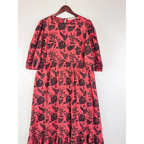 ZARA Womens Dress Red Midi Floral Shift Sequin Tiered 3/4 Sleeve Boho Medium - Image 6