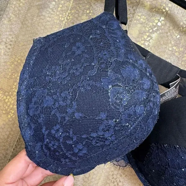 Victorias Secret Very Sexy Pushup Navy Blue Black Lace Rhinestone Bra 38DD - Image 5