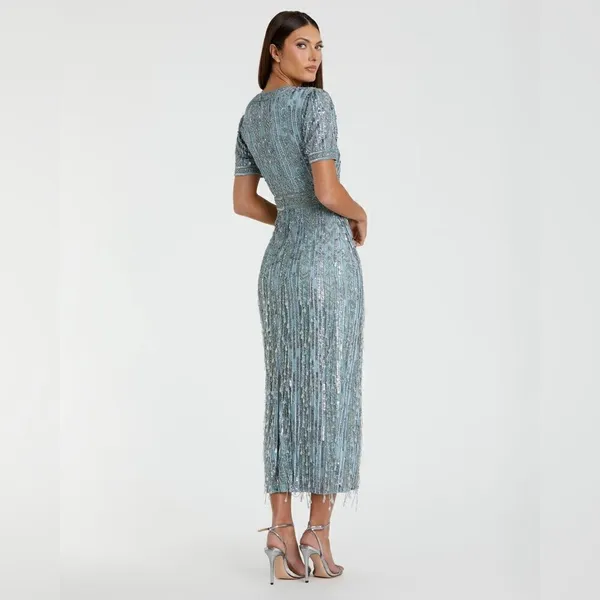 Mac Duggal 5980 Blue High Neck Short Sleeve Crystal Fringe Column Dress - Image 5