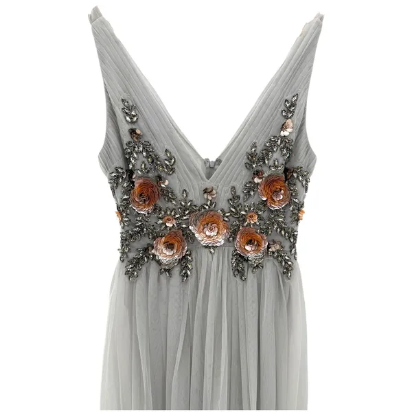 BHLDN Isabel Gray Embellished Tulle Maxi Dress 2 3D Floral Sequin Gown Wedding - Image 4