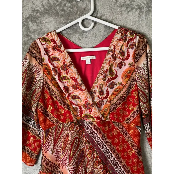Vintage y2k Boho Paisley Handkerchief Hem Dress Orange Patchwork Midi Size Small - Image 2