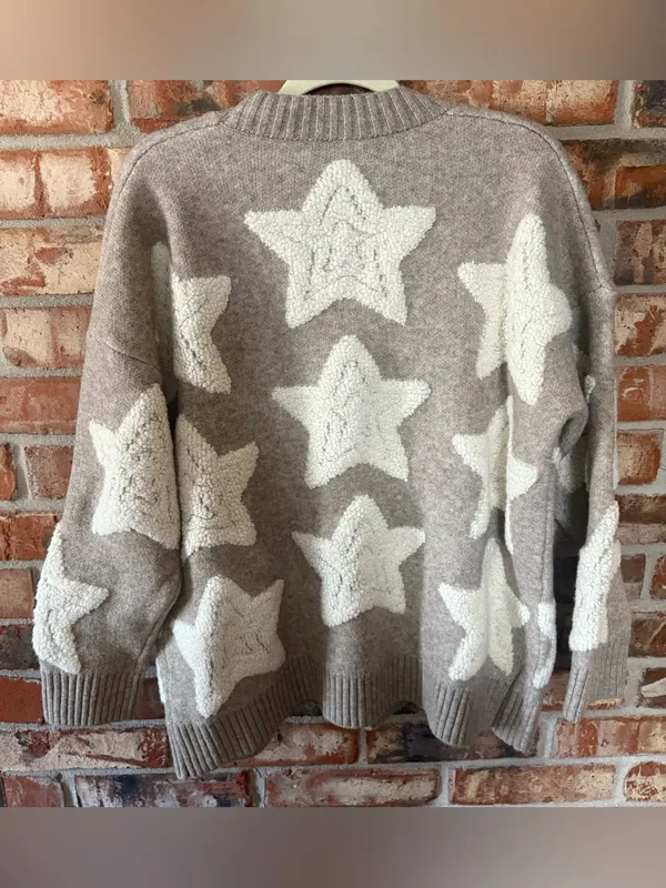 Cozy Star Pattern Cardigan Sweater - Taupe & Cream - Image 3