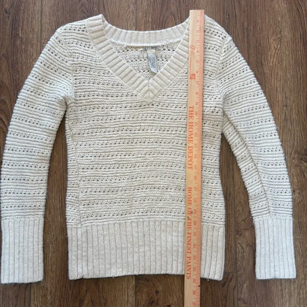Lucky Brand Coastal‎ Cream Open Knit V Neck Sweater Alpaca Wool Womens L Cottage - Image 4