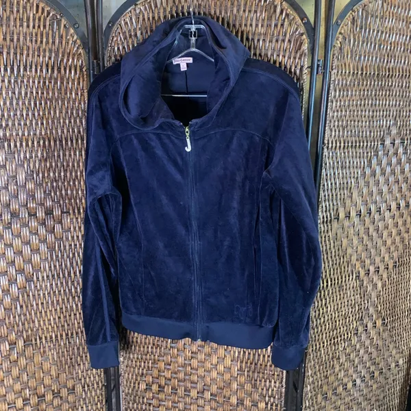 Vintage Juicy Couture Y2K Velour Navy Full Zip Jacket with Rhinestone Zipper - Image 2