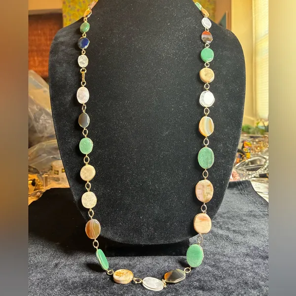 Vintage Multi Colour Agate Slice Link Necklace 34” long Green - Image 3