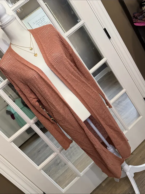 Universal Threads Crochet Lightweight Cotton Rust Long Cardigan BOHO COTTAGECORE - Image 3