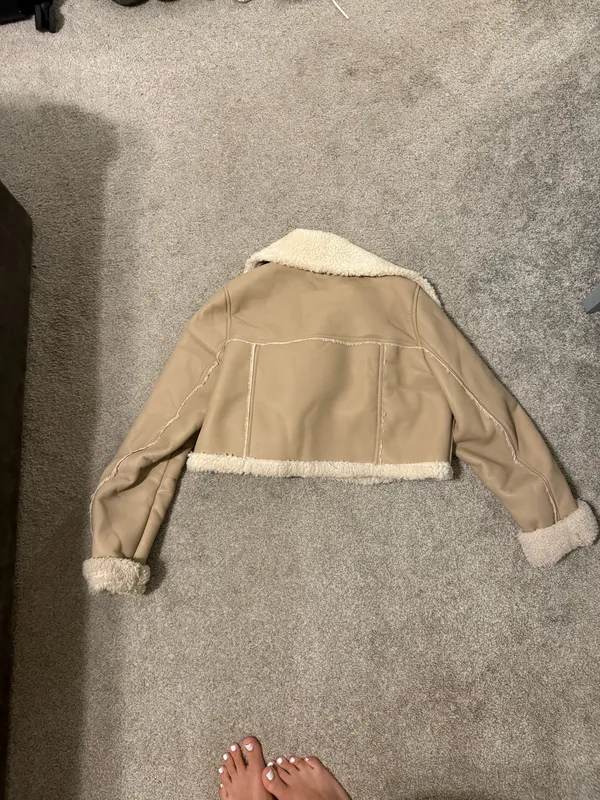 Leather Fluffy Jacket Tan - Image 3