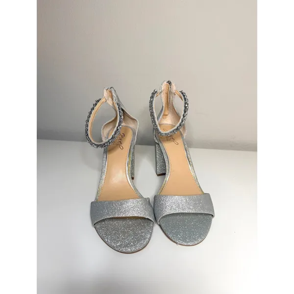 Jewel Badgley Mischka Silver Glitter‎ Strappy Block Heels Women's Size 8.5 - Image 3