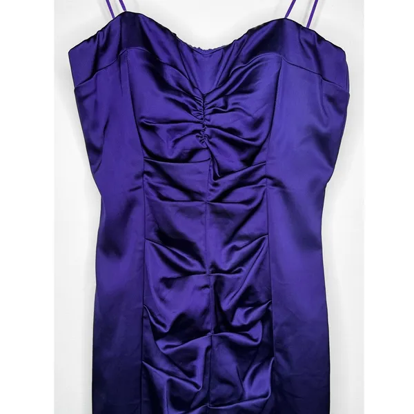 Vintage 1990s Cache Purple Satin Ruched Strapless Mini Dress XS - Image 5