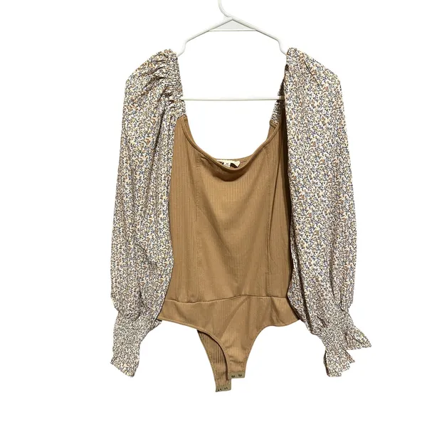PROMESA NWOT‎ tan boho ribbed bodysuit with cottage core puffed sleeves festival - Image 2