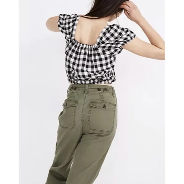 Madewell Puff Sleeve Button Front Crop Top Gingham Linen‎ Blend Black White XL - Image 7