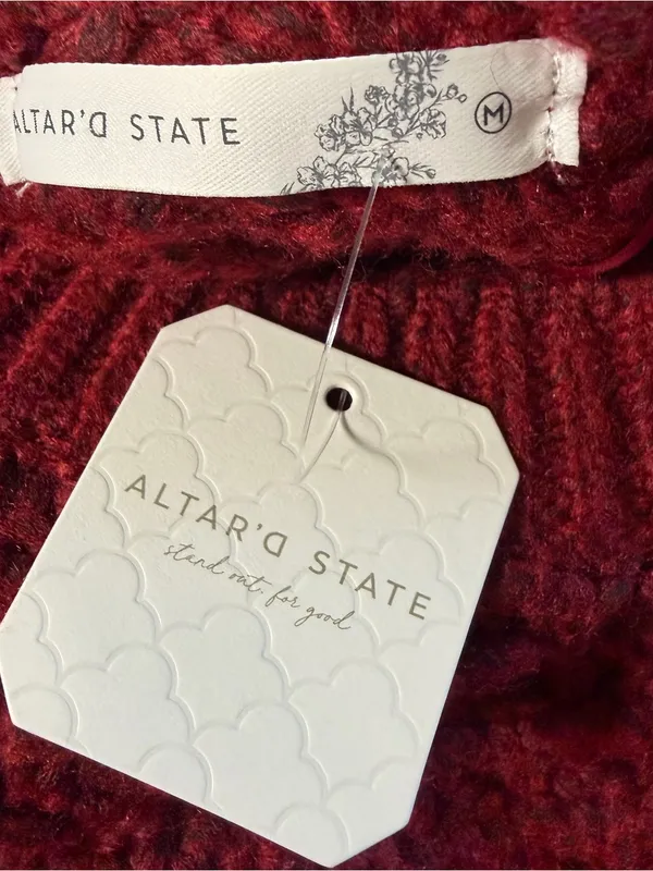 Altar'd State Betty Plaid Burgundy Tieback Textured Crewneck Crop Sweater Sz M - Image 3
