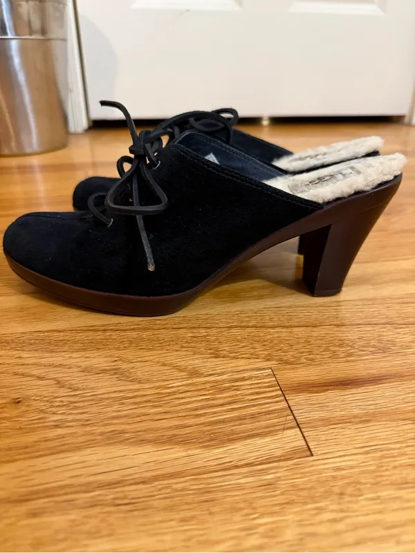 UGG Australia Shearling Lined Molly Black Suede Lace Up Heeled Mules Sz 10 EU 41 - Image 4