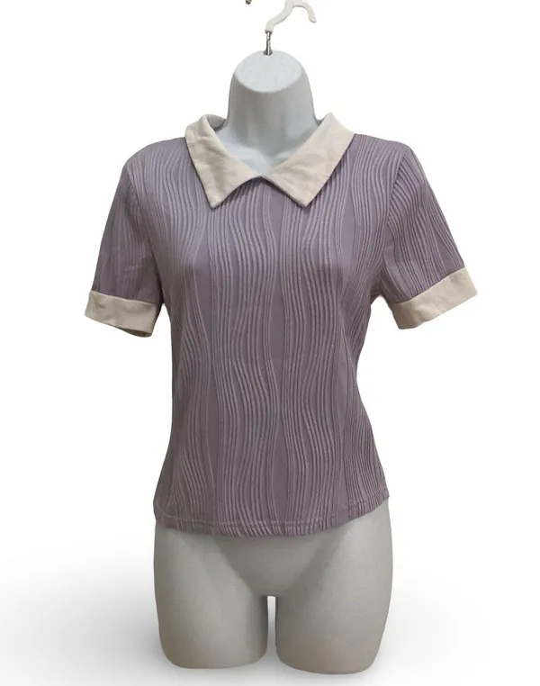 SheIn Mauve Purple Essnce Contrast Collar Keyhole Back Top - Image 4