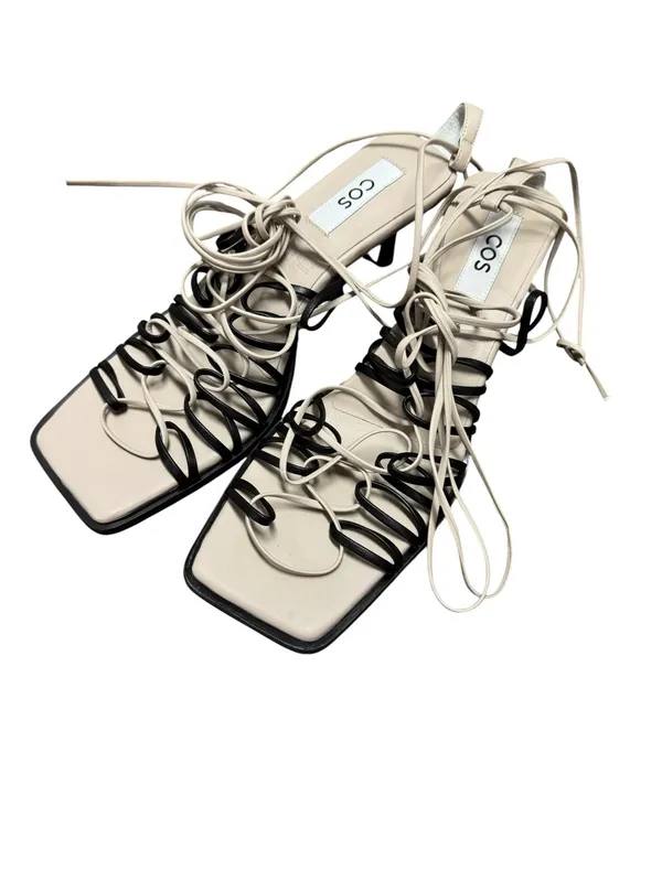 COS Lace Up Strappy Square Toe Sandals Leather Heels Black Cream US 10 EU 41 - Image 2
