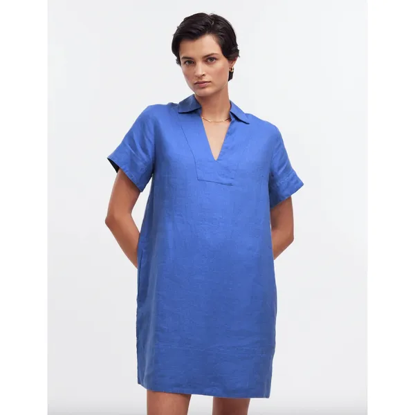 Madewell V Neck Mini Dress Linen Blue Pockets Easy Shift Relaxed Coastal XS NWT - Image 2