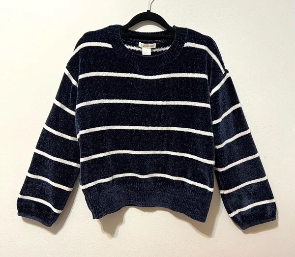 Luv Lane Striped Chenille Knit Sweater Dark Blue White Crewneck S - Image 2
