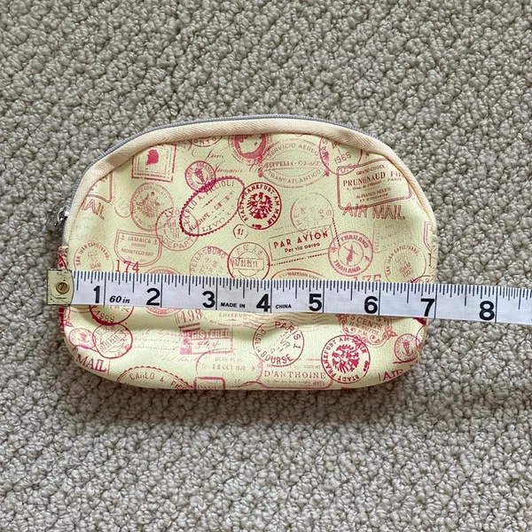 Ipsy Cosmetic Case Passport Stamps Bag Yellow Orange 5” x 7” Like New - Image 3